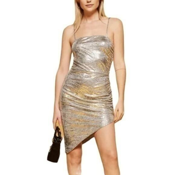 Reformation Flare Dress Metallic Gold Silver Ruched Mini - Picture 1 of 10